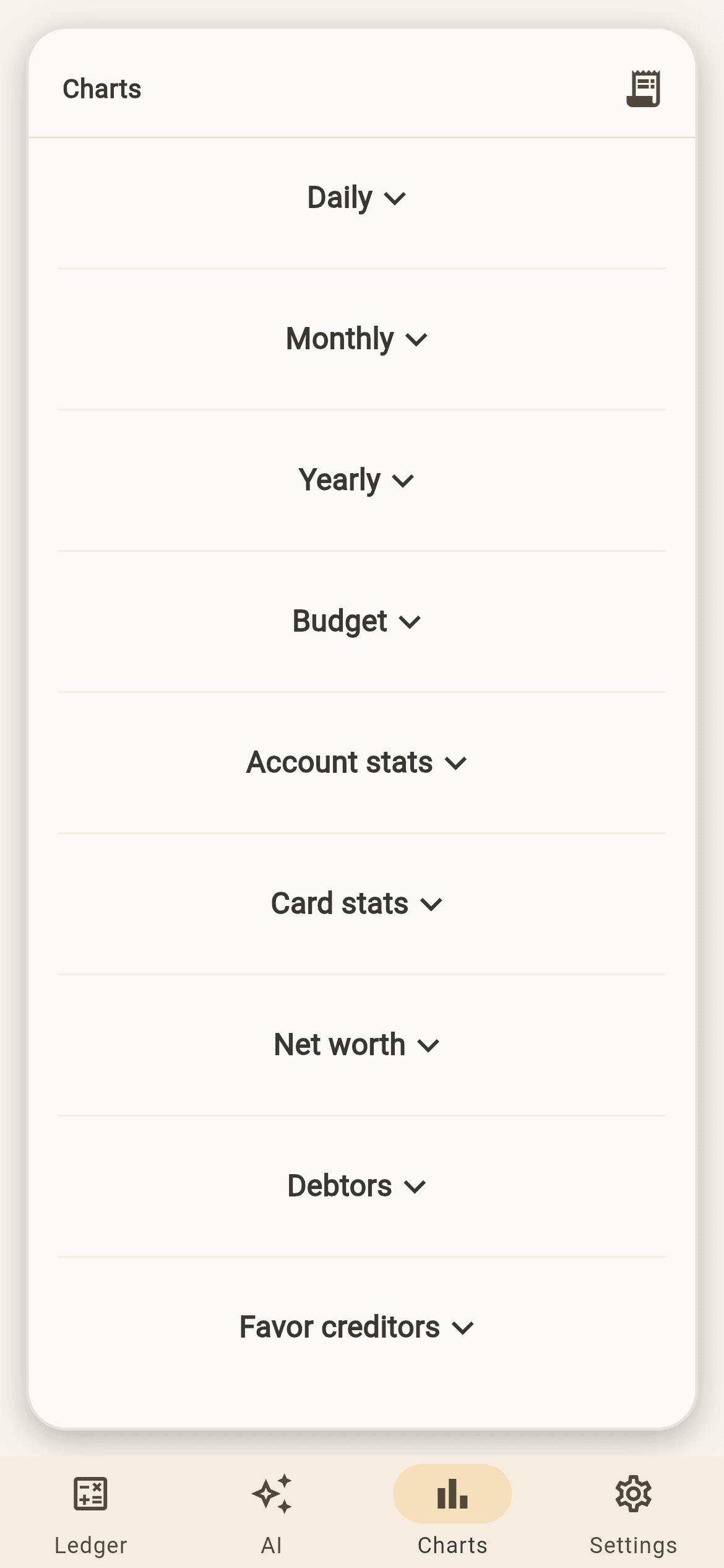 Every chart in one place: daily, monthly and yearly, budget, accounts, cards, net worth, debtors, favours.