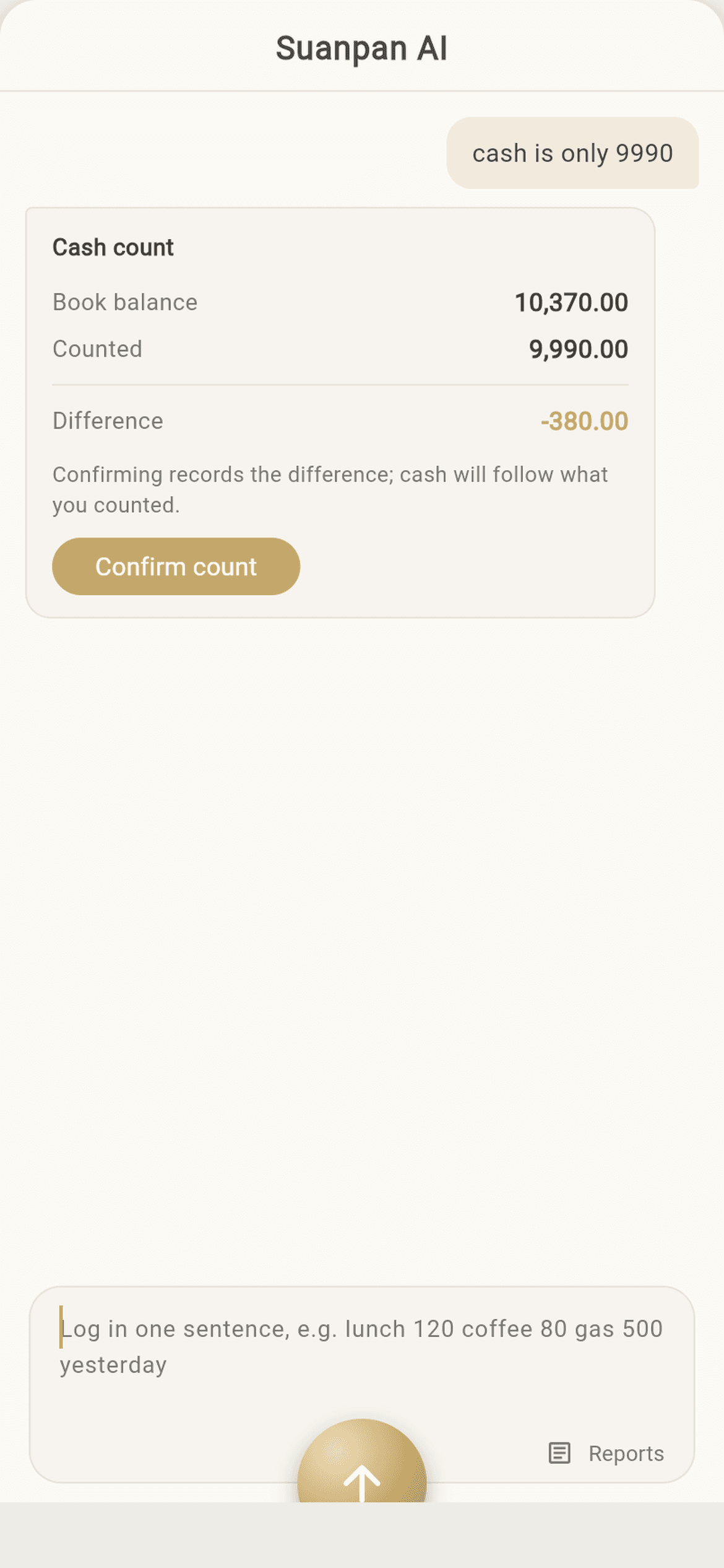 Cash count. “Only 9,990 in cash” gives you the book figure, the counted figure and the gap — and writes nothing until you confirm.